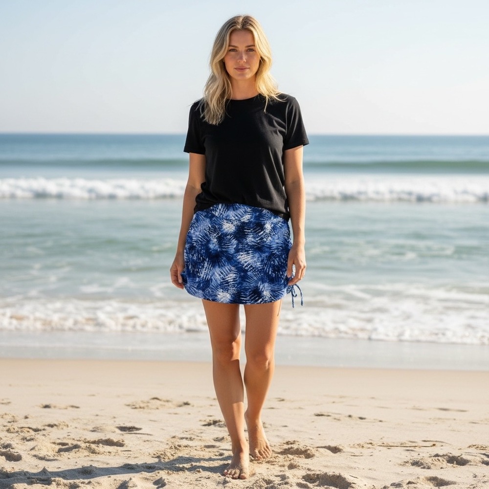 Lands End Blue Tropical Palm Print Swim Skirt 24Wโ Plus Size Cinch Side 522799
